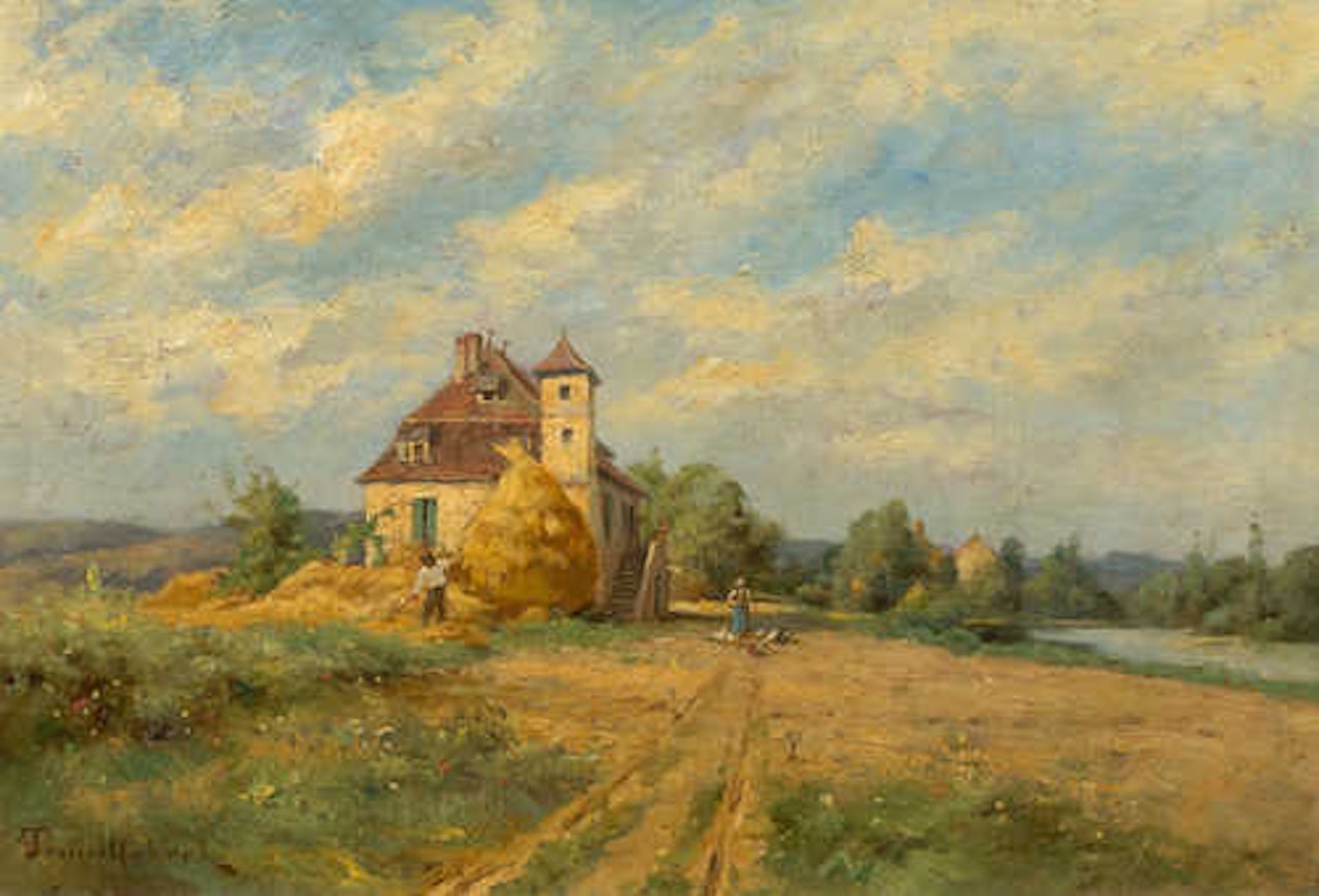 Landscape with peasants at a river. by Paul Désiré Trouillebert