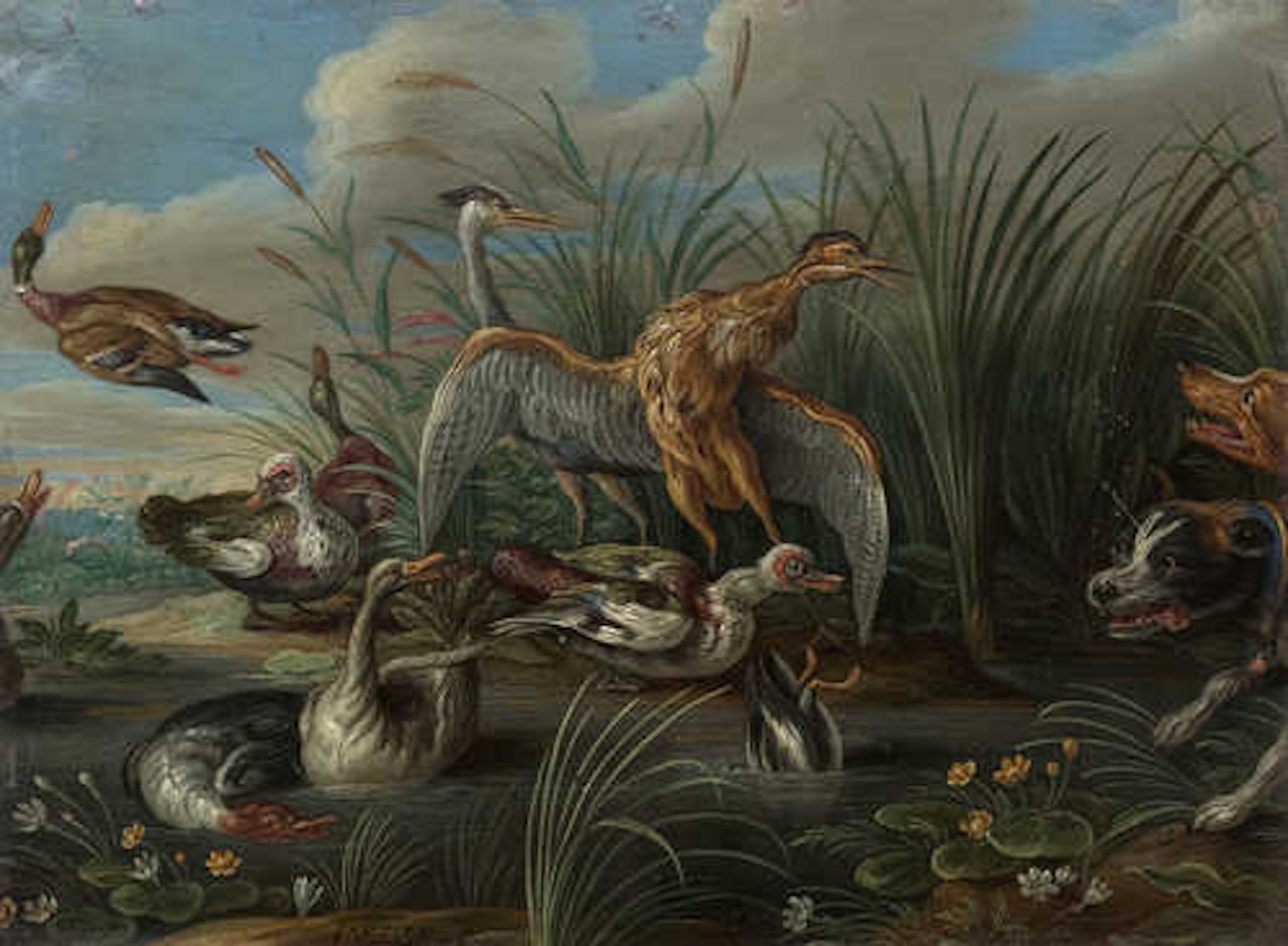 A flock of birds at a lake surprised by dogs by Jan Van Kessel The Elder