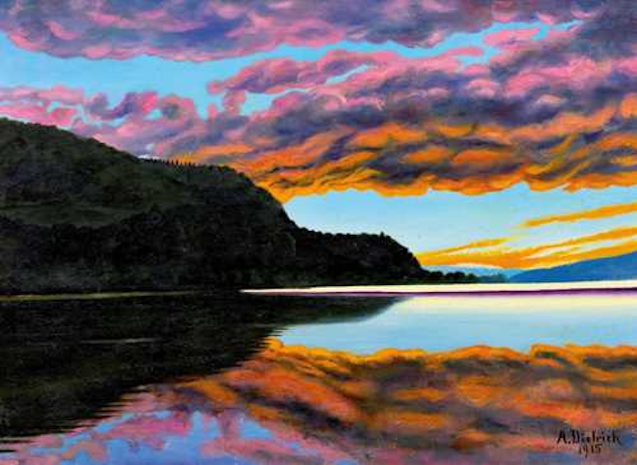 Evening at the lake with red clouds by Adolf Dietrich