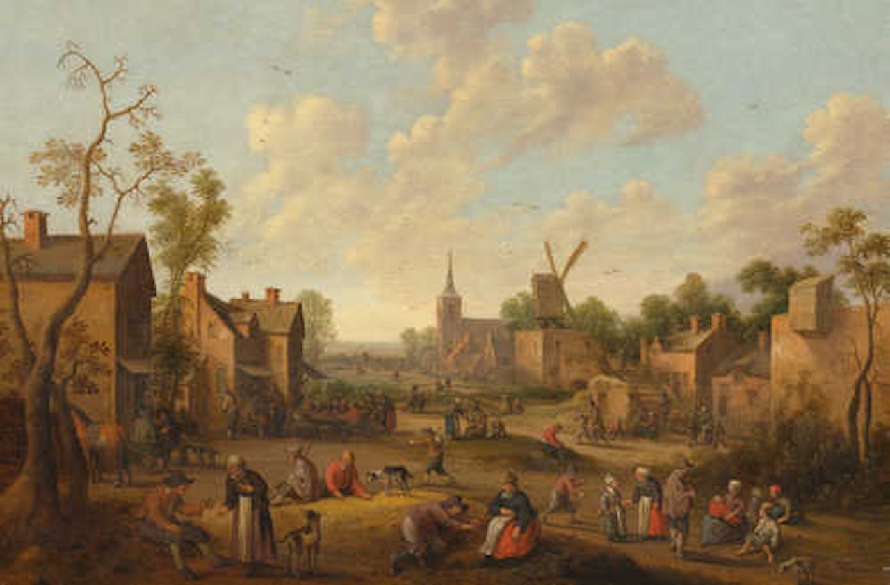 A village landscape with Gothic church and windmill. by Joost Cornelisz Droochsloot