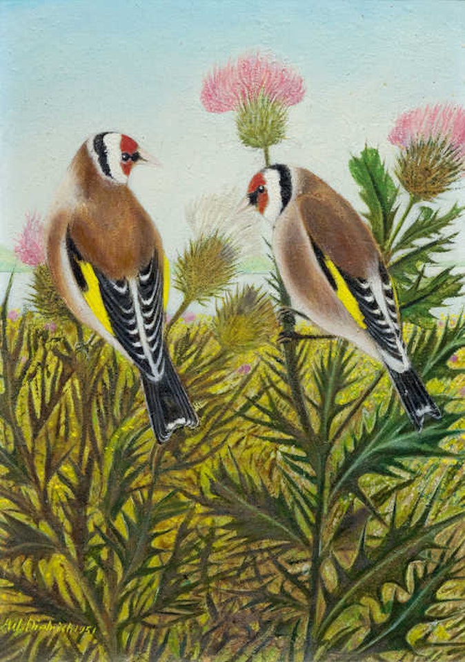 (two goldfinches on a thistle) by Adolf Dietrich