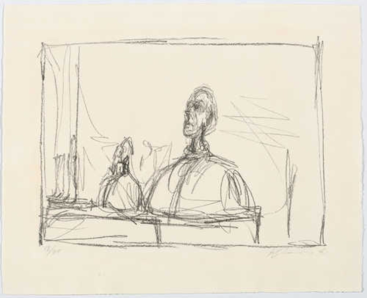 Buste de Diego au col roulé et sculptures sur l"étagère de l"atelier II by Alberto Giacometti