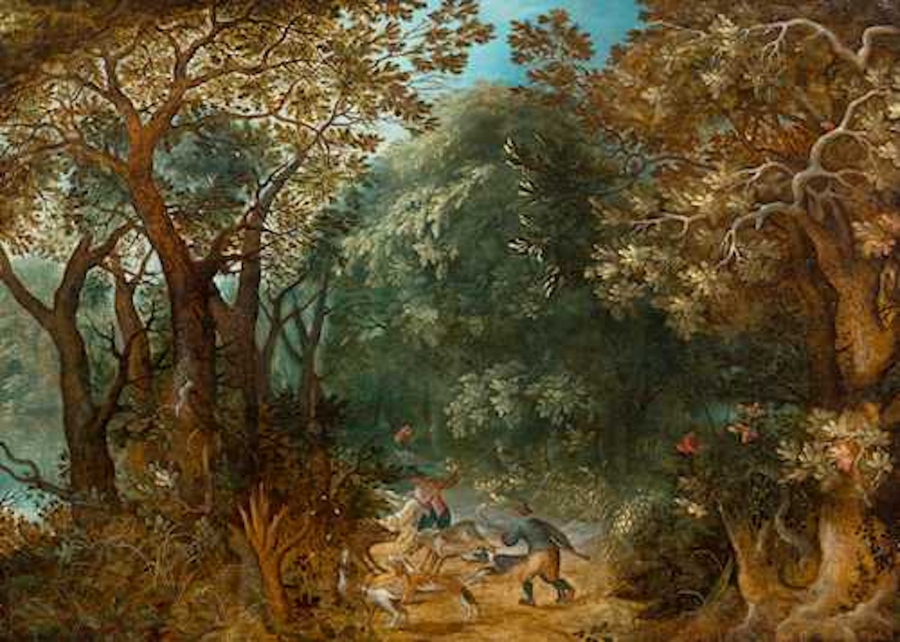 Boar hunt in a forest landscape by Abraham Govaerts
