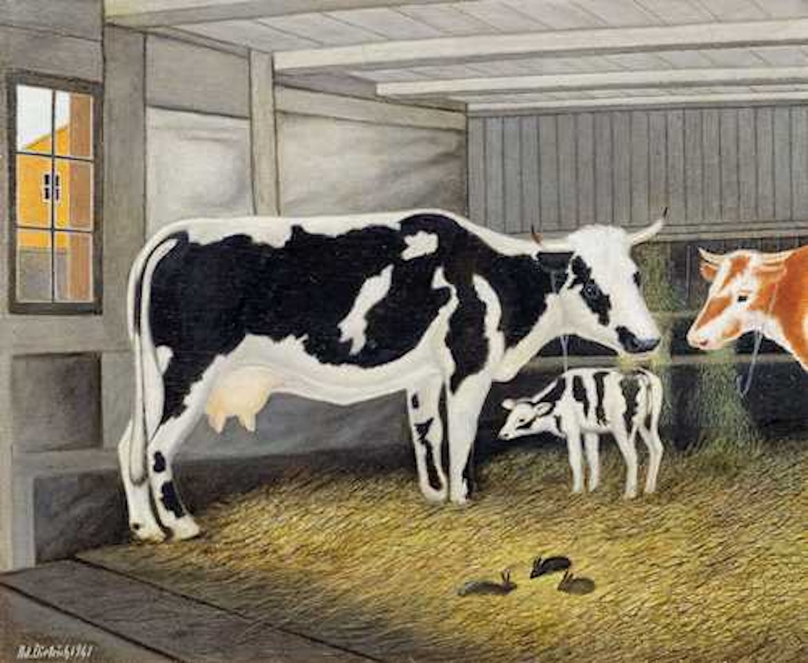 Cows and hares in the straw by Adolf Dietrich
