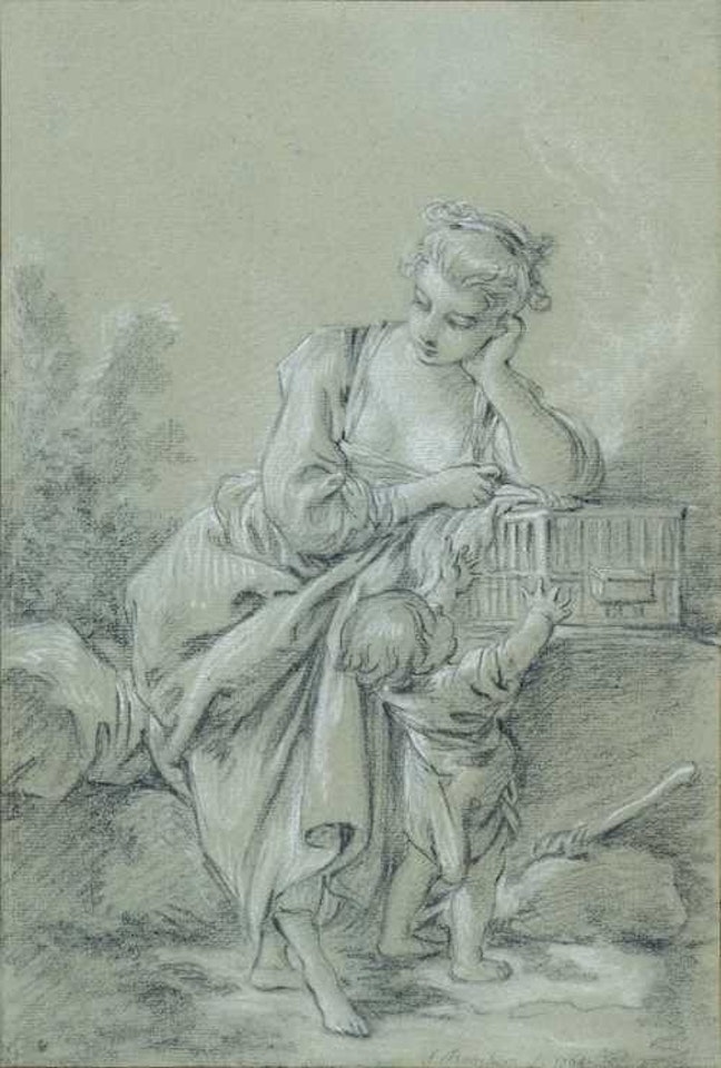 A young girl with her arm resting on a bird cage, a child standing before her admiring the bird in the cage by Francois Boucher