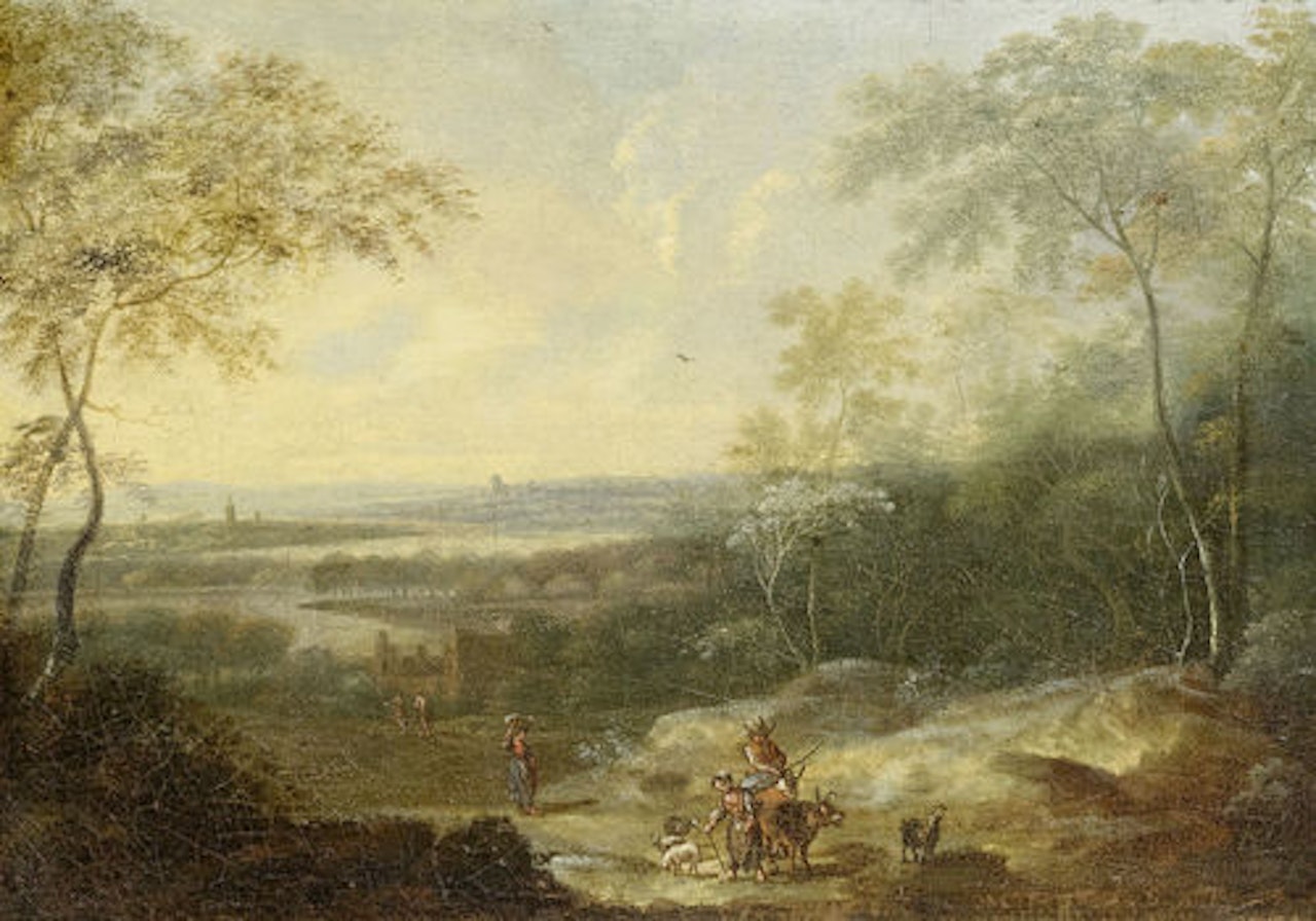 Landscape with figures; Landschaft mit Figuren. by German School