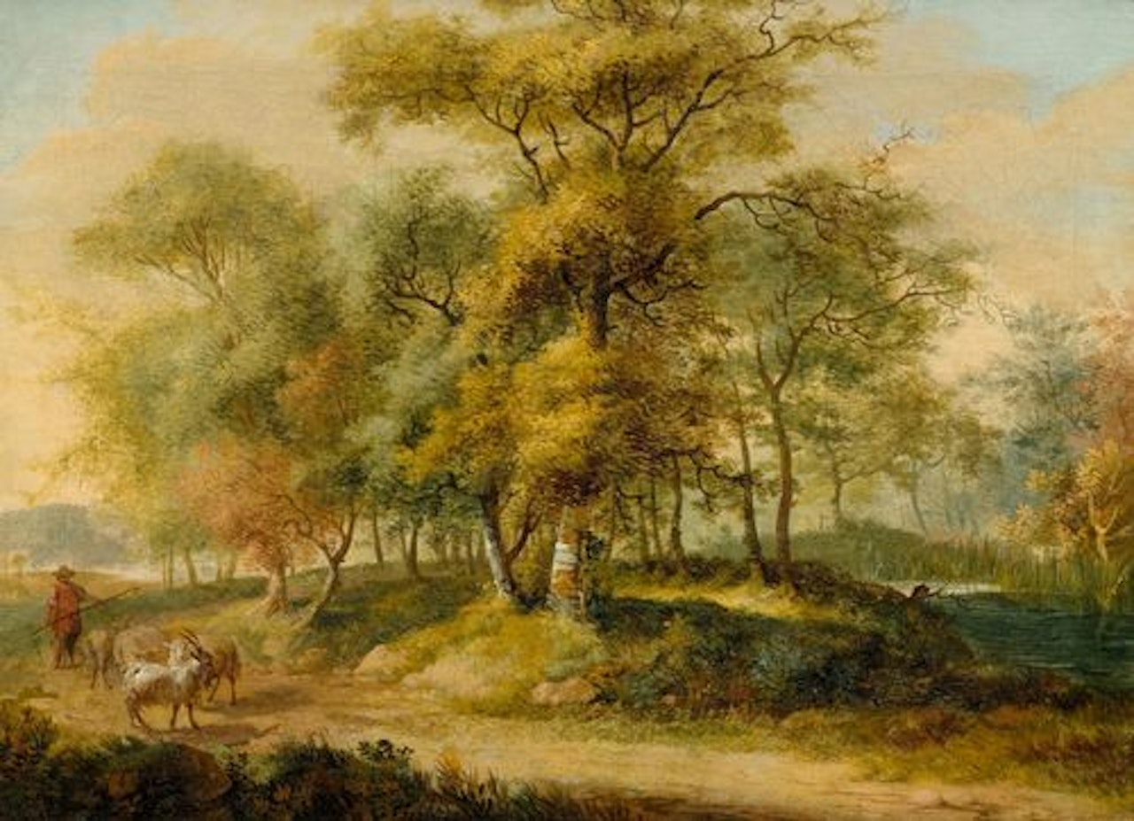 Herdsman with animals at a forest edge by French School