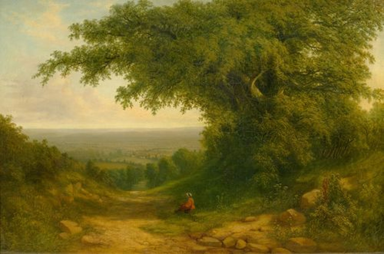 Wide landscape with a large tree by English School