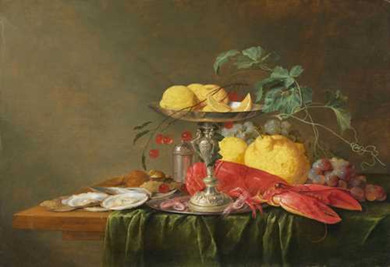Still life with silver goblet, lobster, fruit and oysters. by Jan Davidsz de Heem