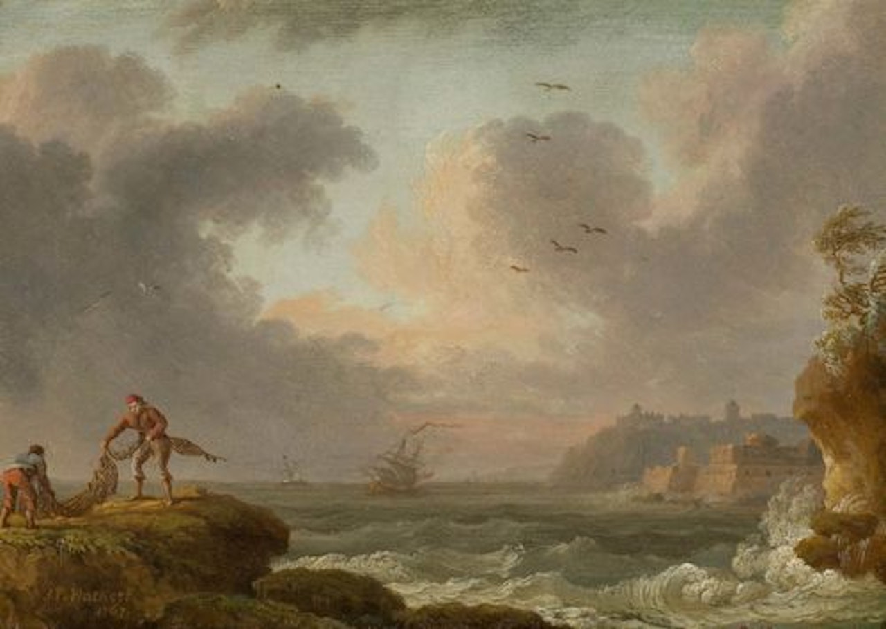 Fishermen on a rock by the coast with a stormy sea by Jacob Philipp Hackert