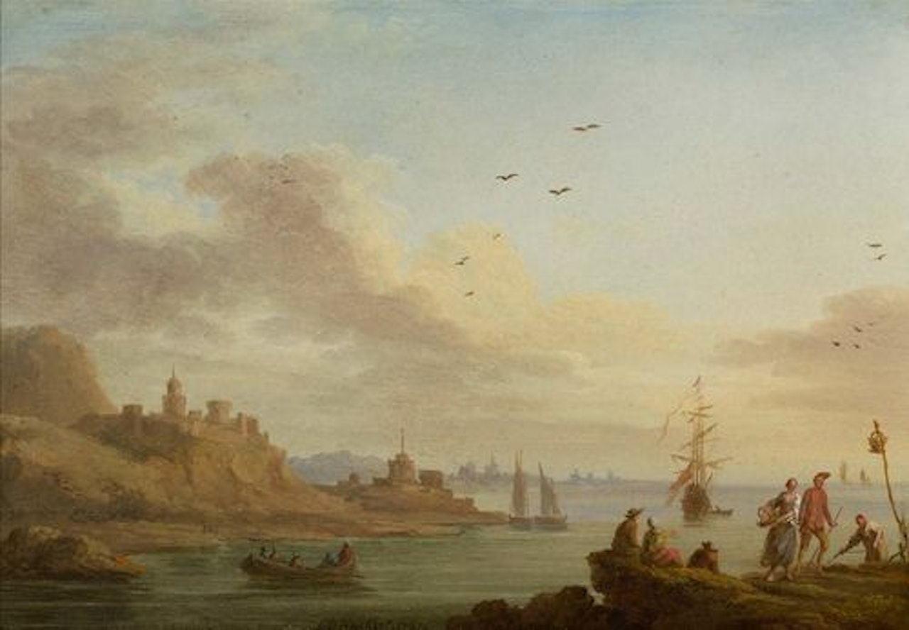 Fishermen by the coast with a stronghold to the left in the background by Jacob Philipp Hackert