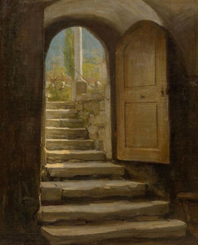 Treppenaufgang zum Kirchhof by Albert Anker