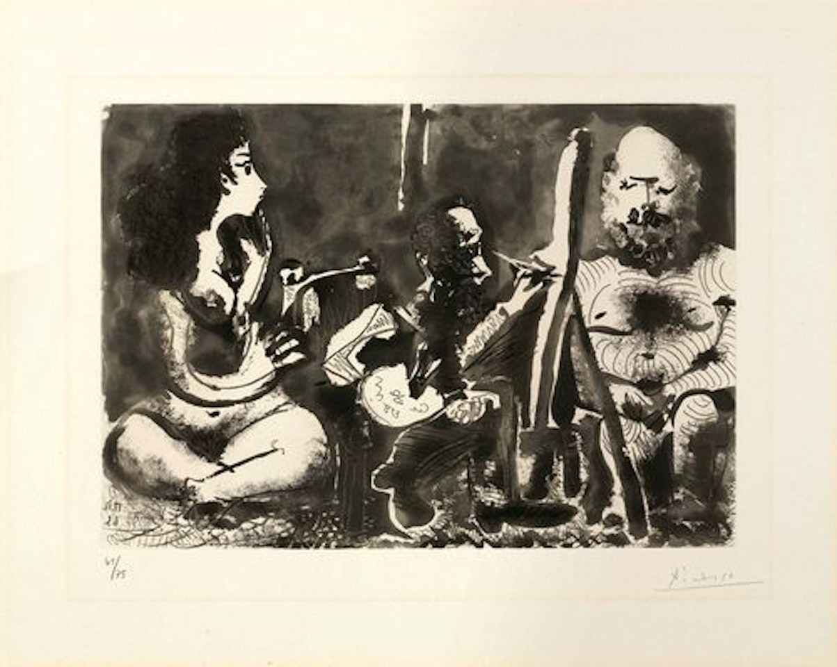 Peintre au travail avec modèle barbu et une spectatrice assise en tailleur by Pablo Picasso