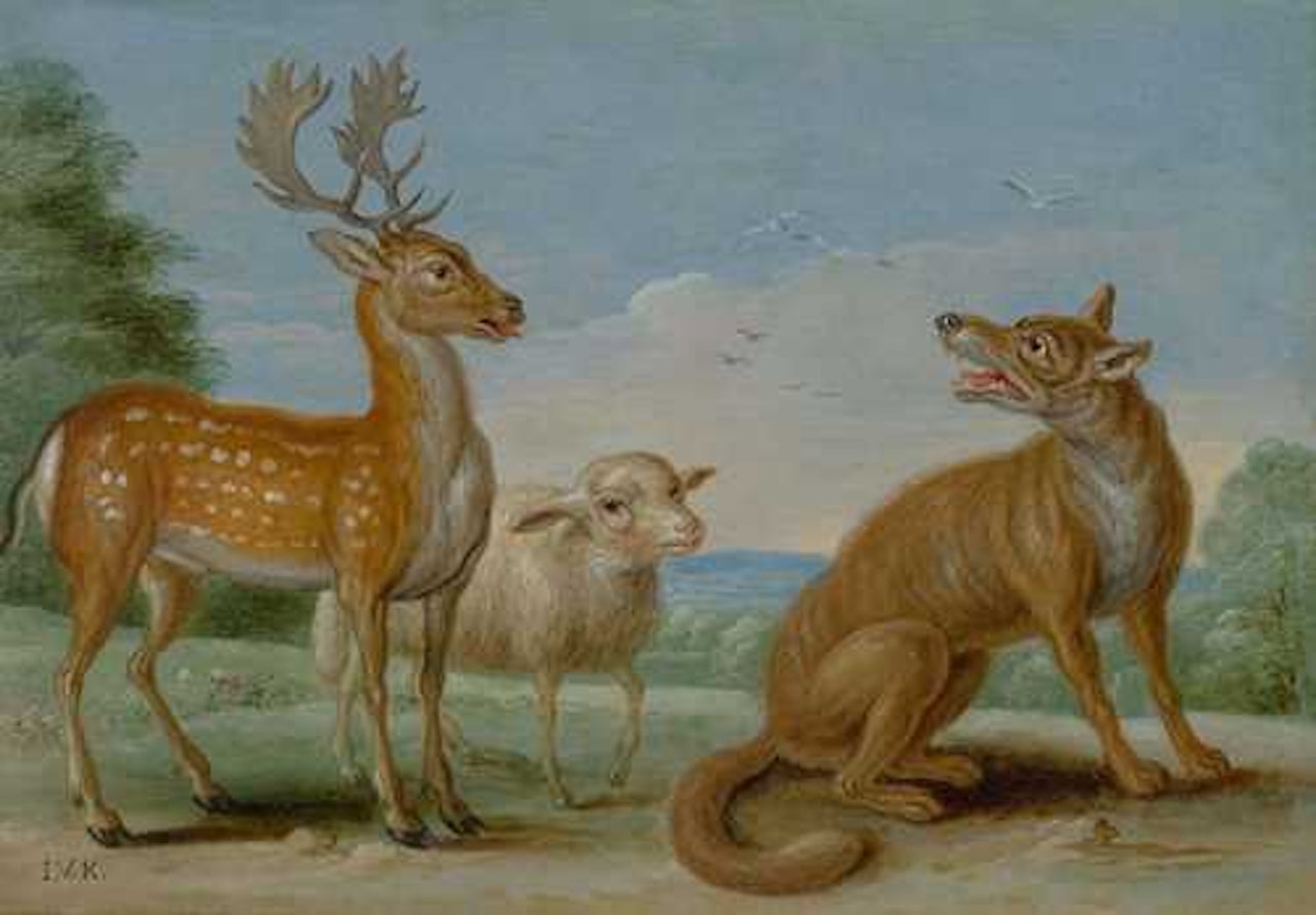 Four scenes from Aesop"s fables: a) The deer and the sheep. b) The lion and the boar. c) The bear and the bees. d) The sick roe buck by Jan Van Kessel The Elder