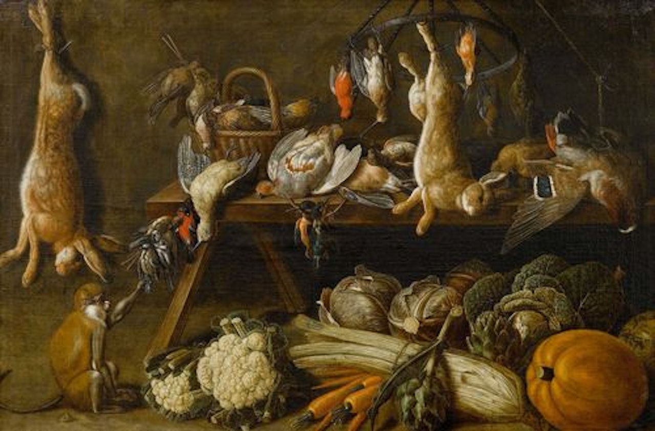 Still life with a monkey, also game and vegetables on a table by Adriaen van Utrecht