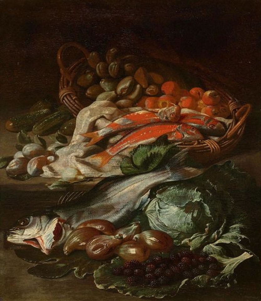 Still life with fish and fruits in a basket by Giuseppe Recco