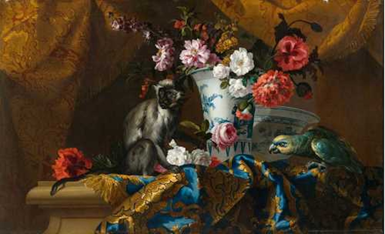 Still life of flowers with a monkey and a parrot by Jean Baptiste Monnoyer