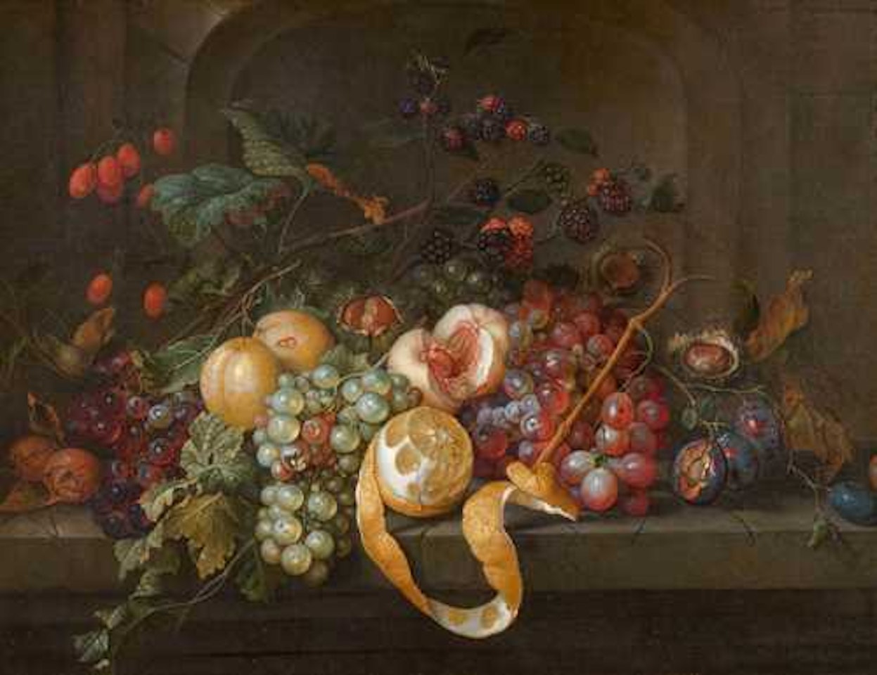 Still life of fruits with nuts on a stone table by Jan Davidsz de Heem