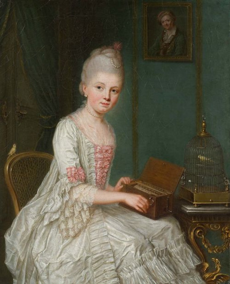Portrait of a noblewoman with a small barrel organ in an interior by German School