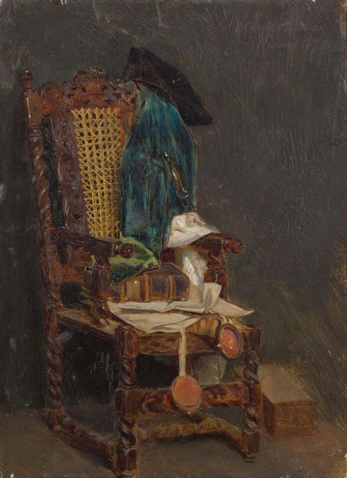 Stillleben - Alter Stuhl, Dreimaster, Buch mit Siegel by Max Liebermann