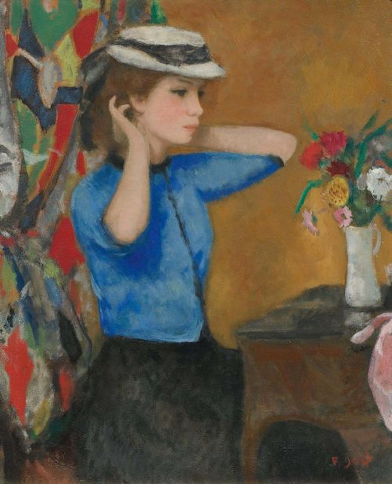 Marie-Lize essaie le chapeau blanc devant la coiffeuse fleurie by François Gall