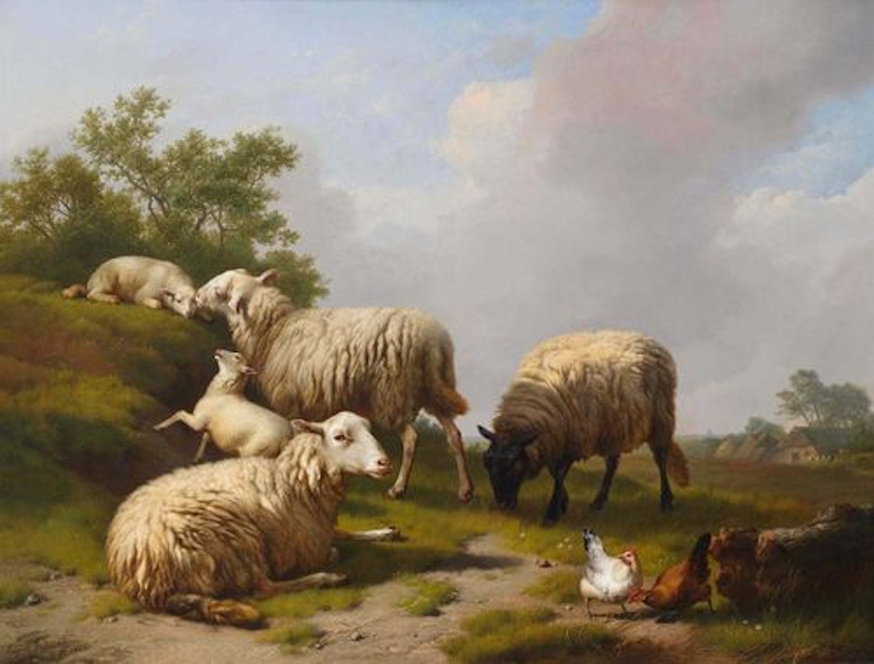 Sheep and hens in a landscape by Eugène Joseph Verboeckhoven