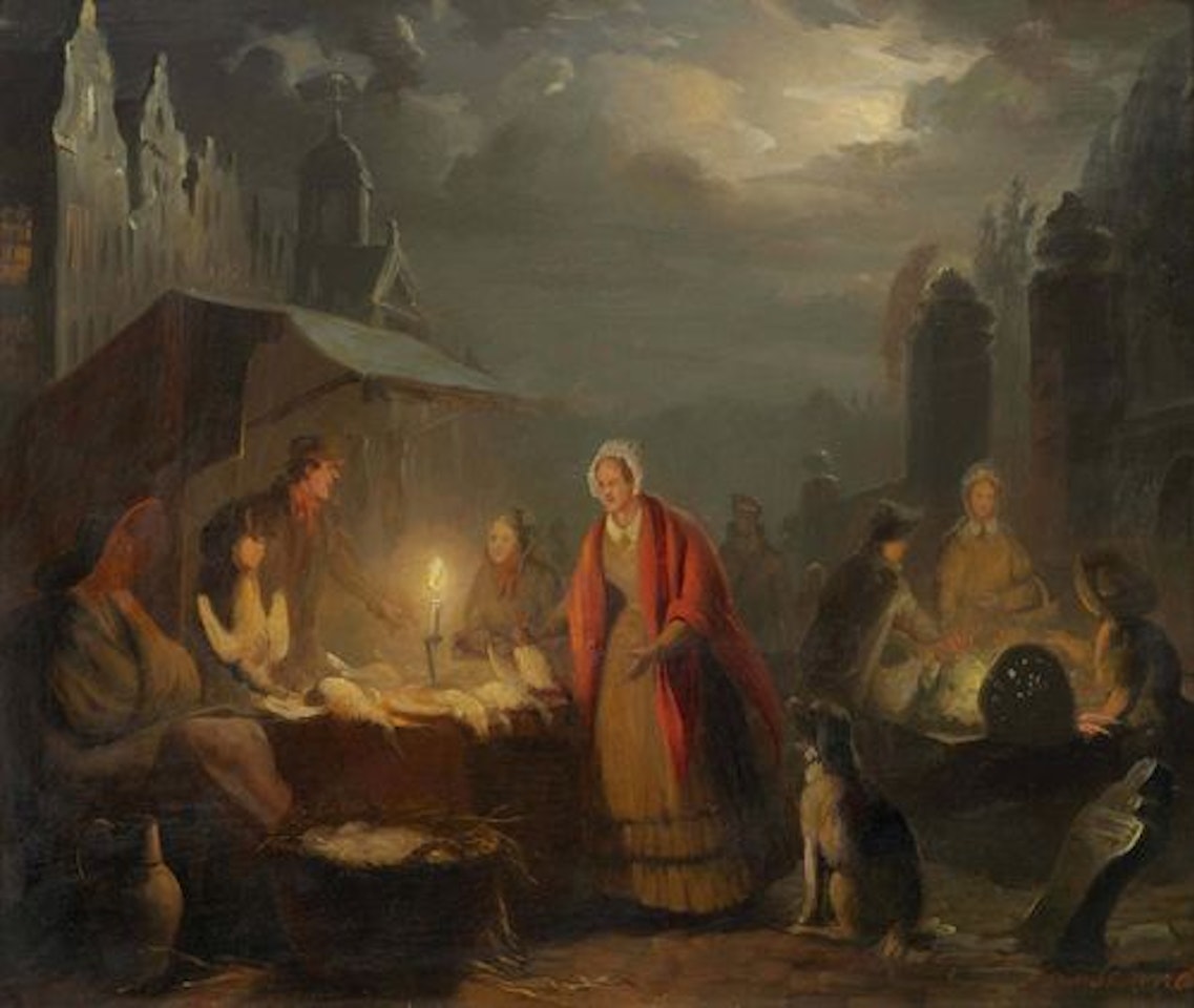 Market stand in the early morning by Petrus van Schendel
