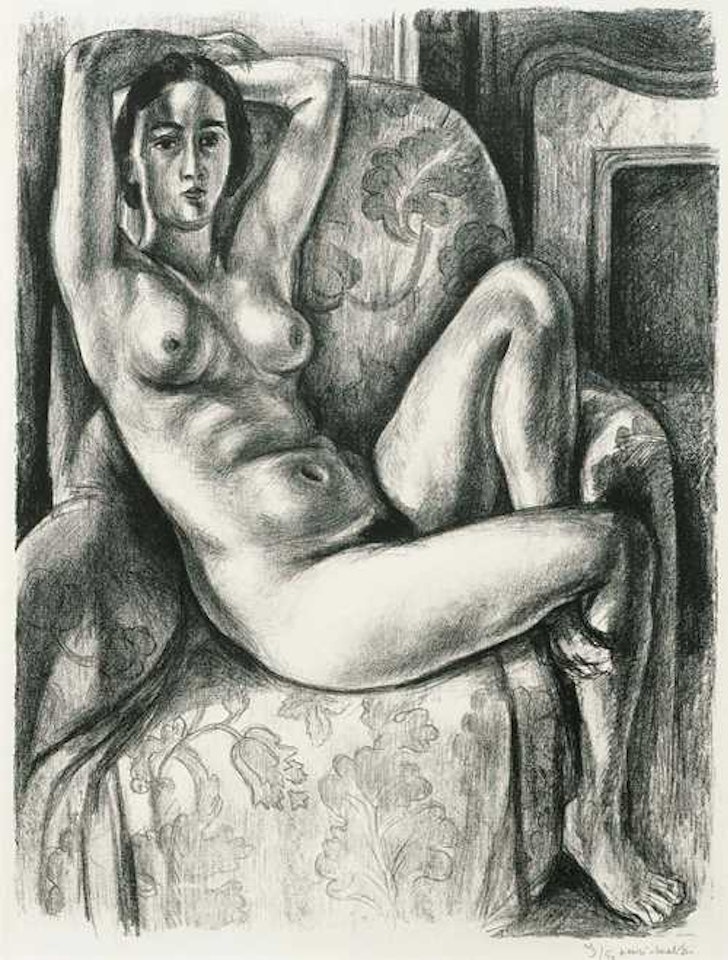 Nu au coussin bleu à côté d"une cheminée by Henri Matisse