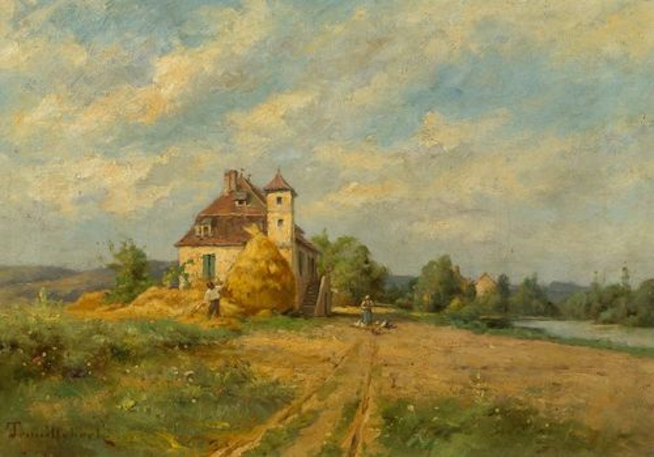 Landscape with peasants at a river by Paul Désiré Trouillebert