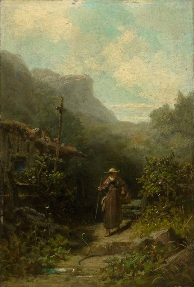 Mendicant monk in a straw hat on a path before his hermitage by Carl Spitzweg