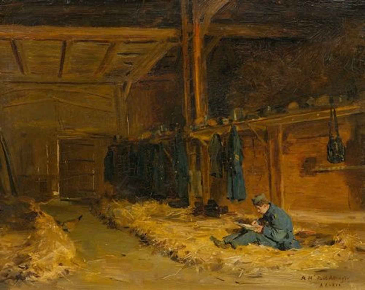 Soldat im Strohlager. by Albert Anker