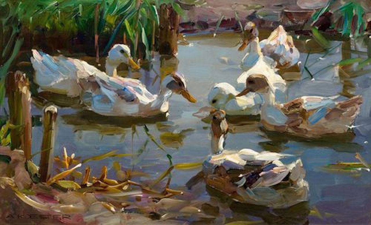 Six ducks in the water at the edge of a lake by Alexander Koester