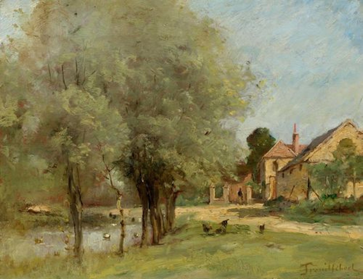River landscape with farmyard and hens by Paul Désiré Trouillebert