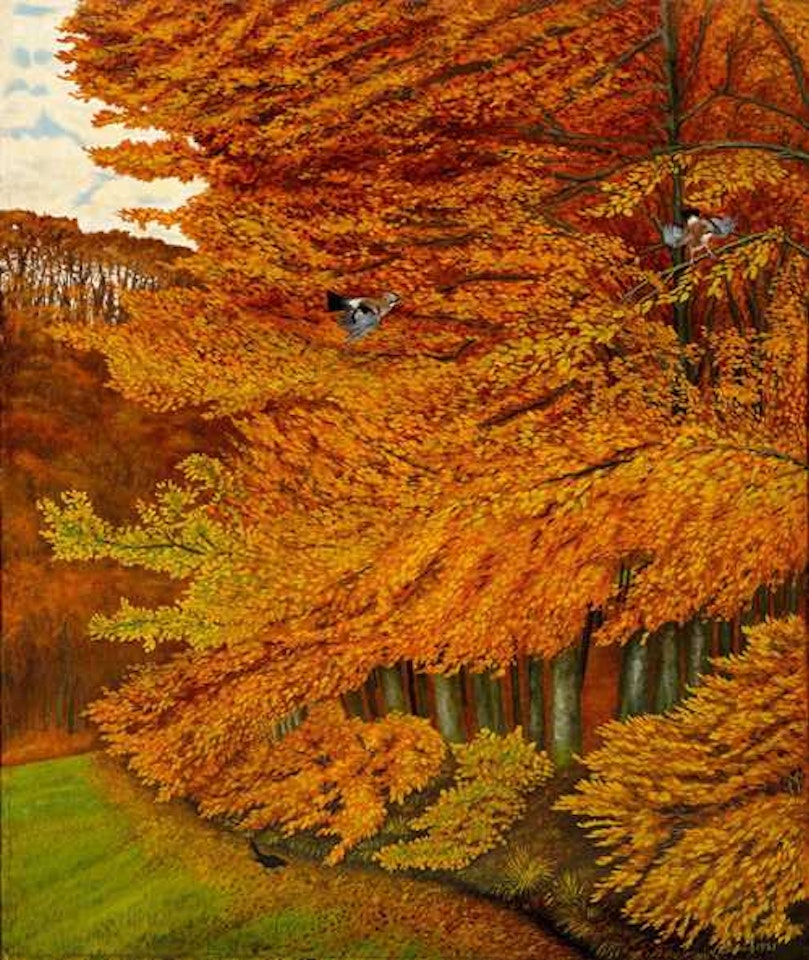 Buchen im Herbst mit Eichelhähern by Adolf Dietrich