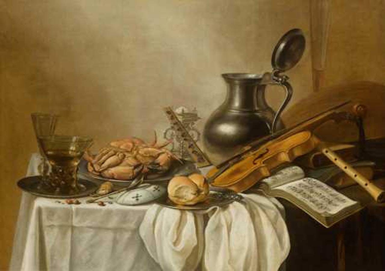 Still life with hummer, wine glass, crab and bread on a platter, with a violin and a flute on a table by Pieter Claesz
