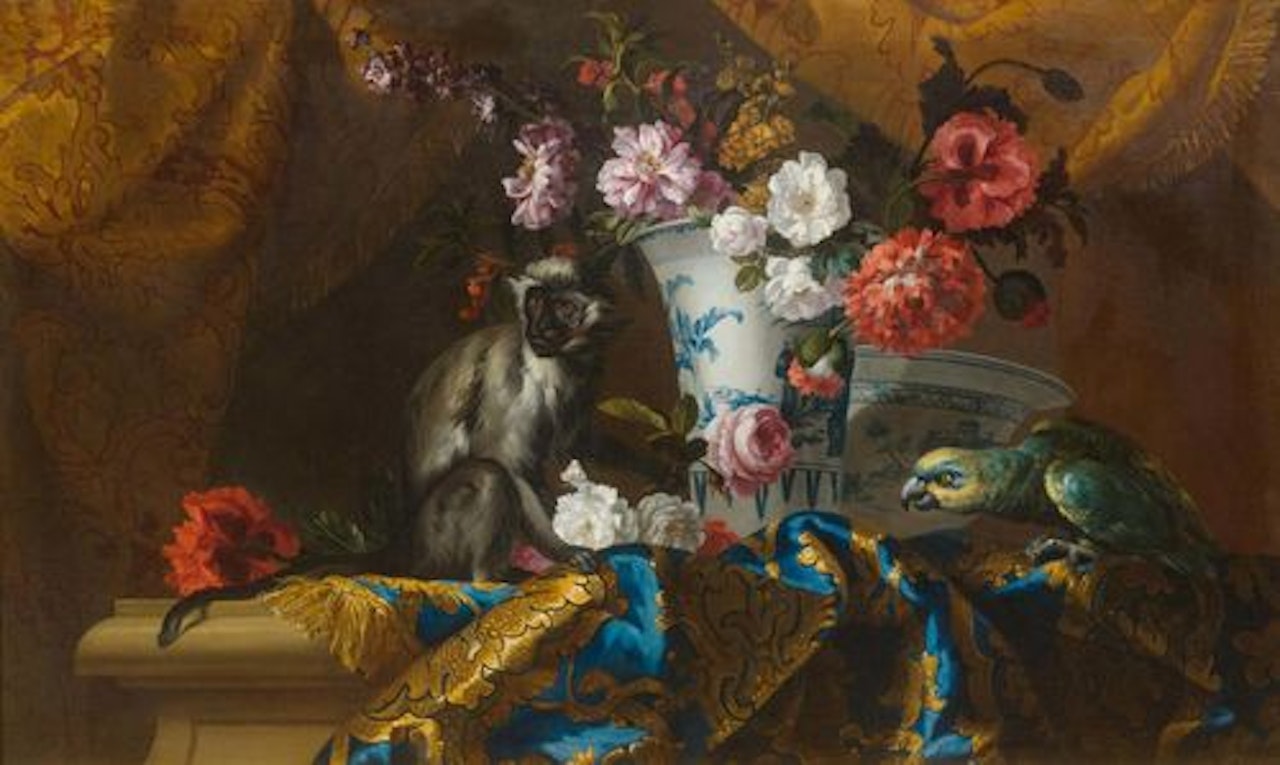 Still life of flowers with a monkey and a parrot by Jean Baptiste Monnoyer