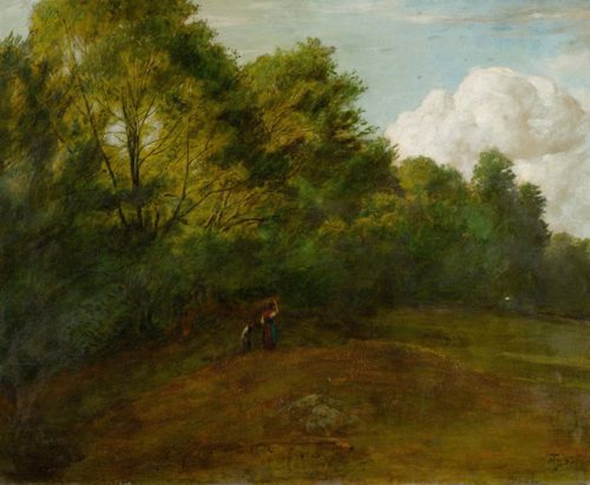 A woman collecting wood with her child at the forest edge by Hans Thoma