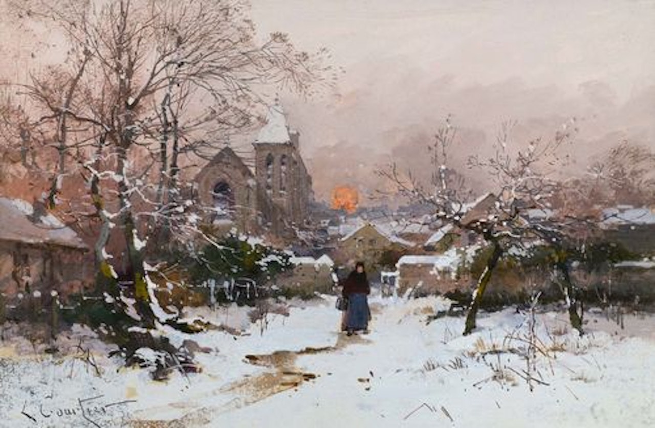 Snow-covered landscape with village and peasant woman by Eugene Galien-Laloue