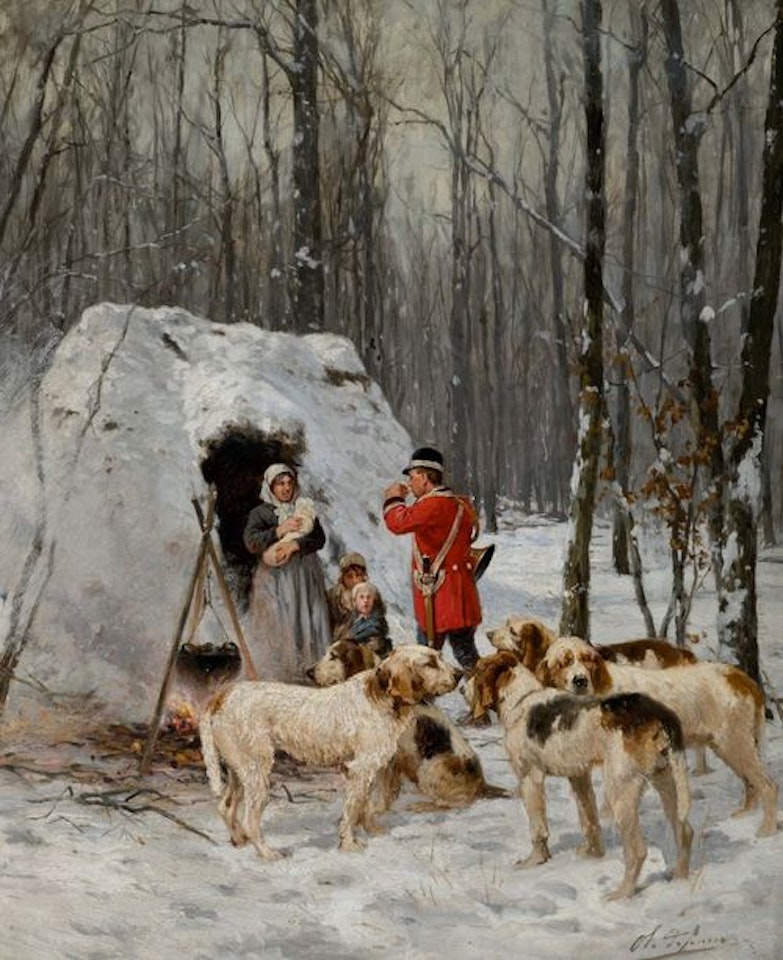 Hunter and his family in a wintry forest by Olivier de Penne