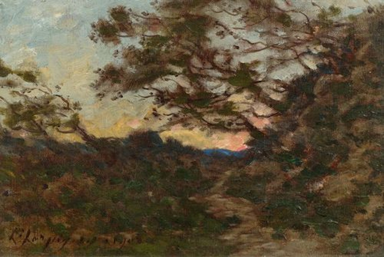 Path under the trees at sunset by Henri Harpignies
