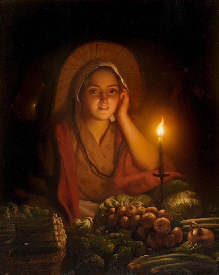 Young girl selling vegetables in the candle light by Petrus van Schendel