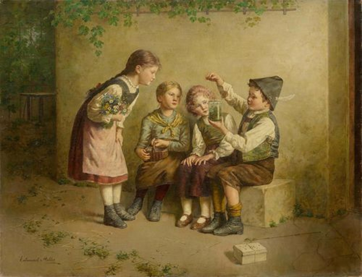 Four children with a frog in a glass by Edmund Adler