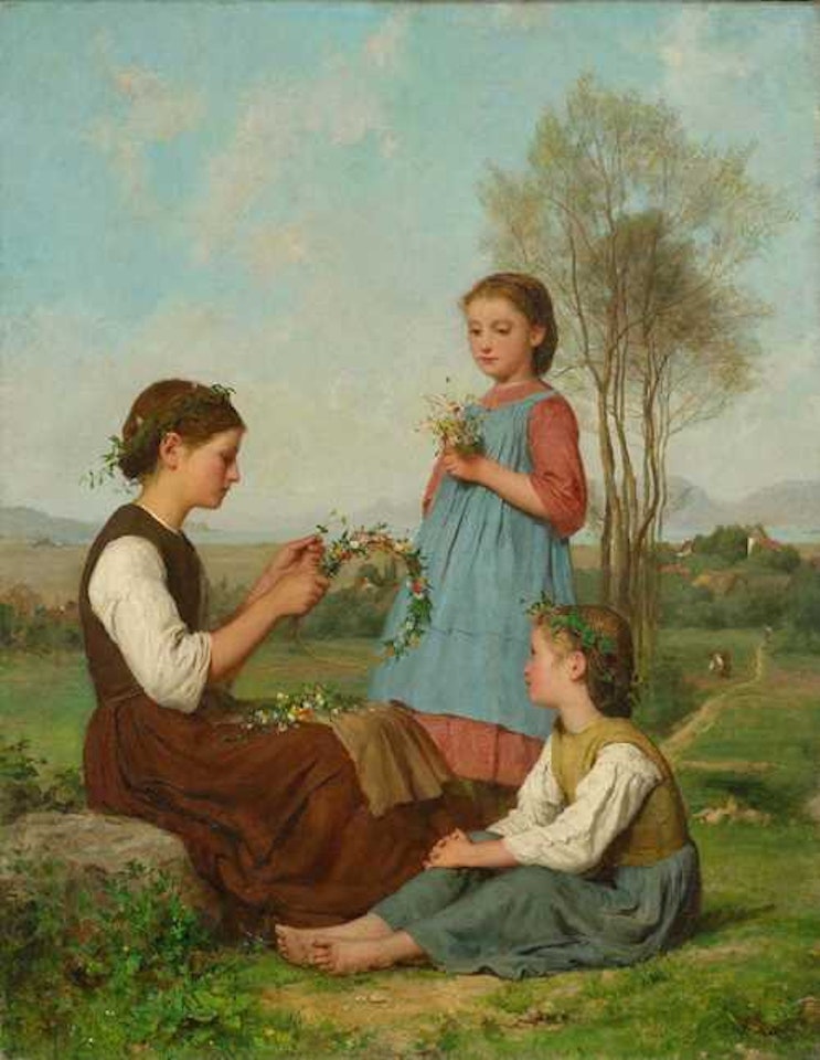 Drei Mädchen beim Kränzewinden by Albert Anker