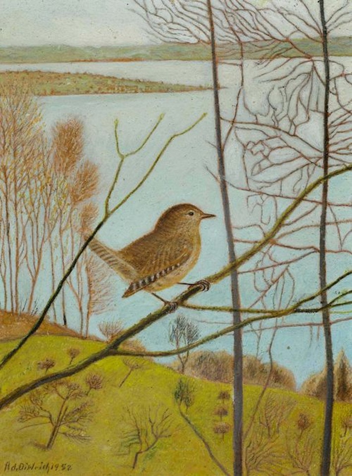 Zaunkönig vor Seelandschaft by Adolf Dietrich