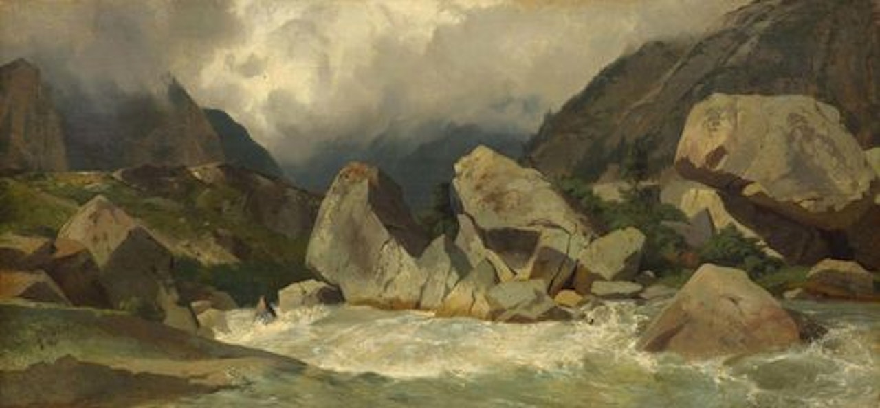 Torrent de montagne, rochers, vue sur une vallée by Alexandre Calame