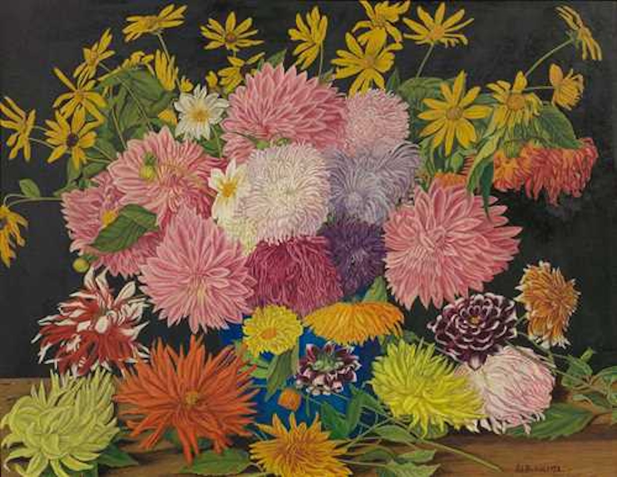 Herbstblumenstrauss in blauer Vase by Adolf Dietrich