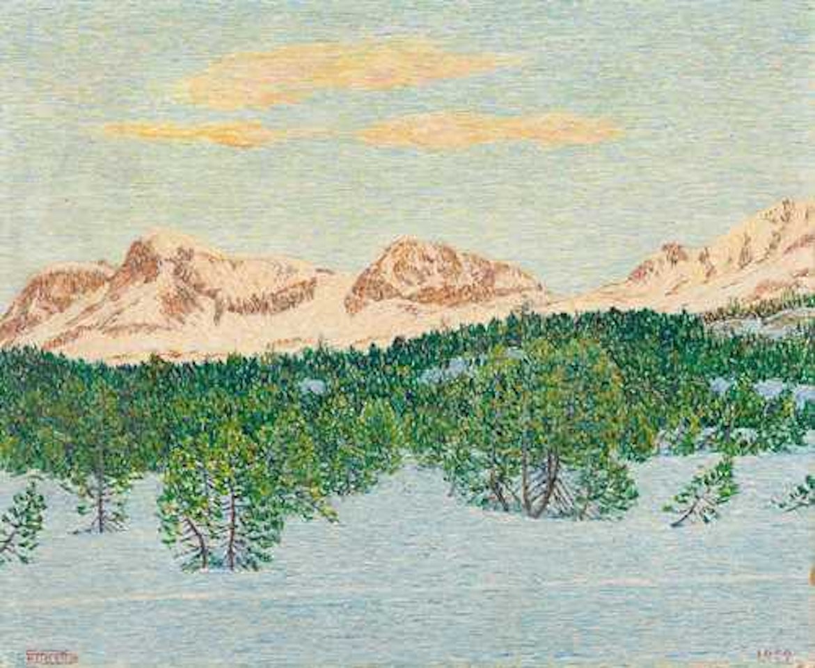 Engadiner Winterlandschaft mit Corvatsch, Arles und Rosatsch von Maloja aus gesehen by Gottardo Segantini