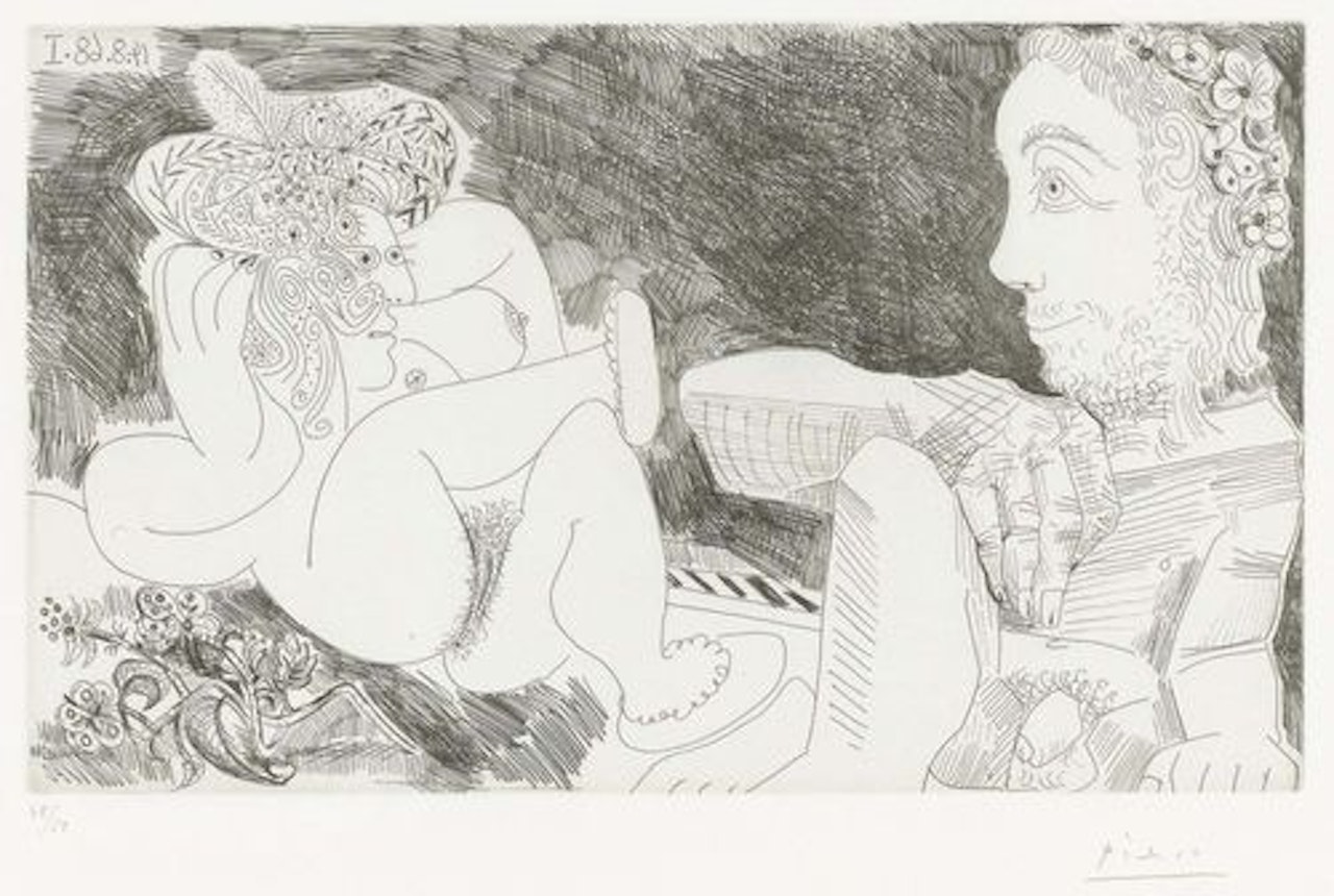 In the garden: Odalisque en pantoufles au chapeau, with the flowers, and spectateur ingresque by Pablo Picasso