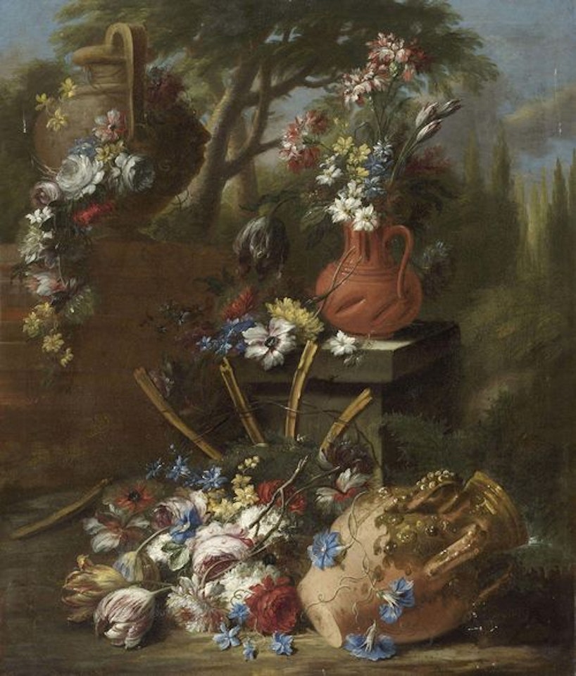 Arrangement of flowers with terracotta vase in a Mediterranean landscape by Gasparo Lopez