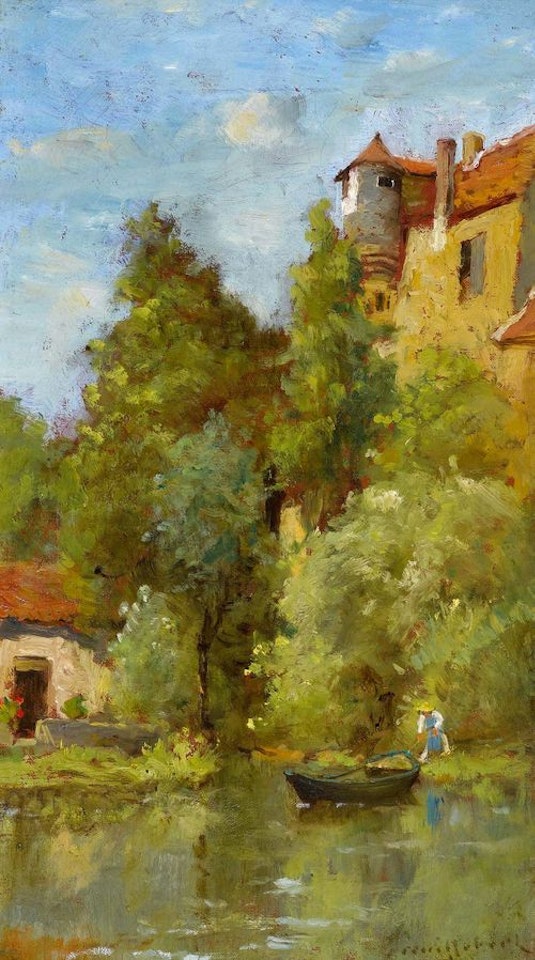 Pêcheur tirant une barque sur la berge by Paul Désiré Trouillebert